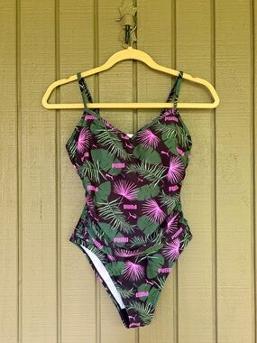 PUMA Tropical Palm Leaf One Piece Swimsuit EUC Size Small Pink Green Floral